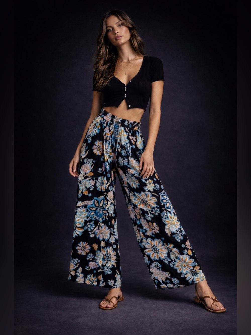 Free People Wide Leg Floral Pants in Black with Blue & Tan Flowers
